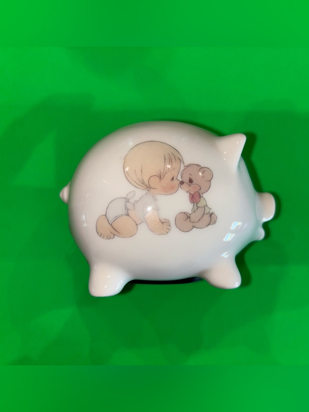 Precious Moments White Ceramic Piggy Bank with Pastel Baby & Teddy Illustration